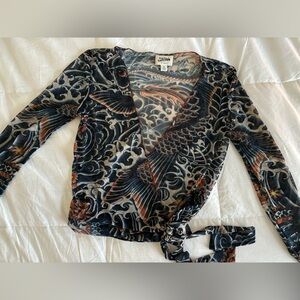 2010 Jean Paul Gaultier Blue Sheer Tattoo Long Sleeve Wrap Top Size XS
